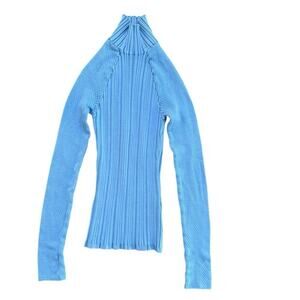 Vintage Cache Women's Blue Ribbed Knit Turtle Neck Long Sleeve Sweater Size M